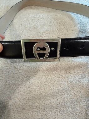 Etienne Aigner Black Leather Belt with Silver Logo Buckle 43” long